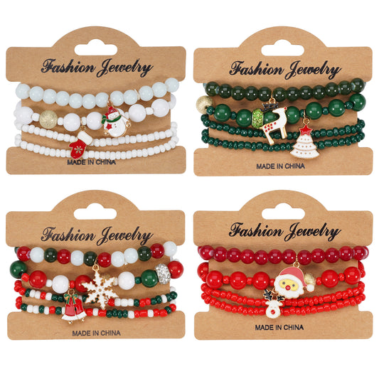 Christmas Bracelet Elastic Rope Bracelet Snowman Snowflake Christmas Tree Santa Deer Hat Pendant Bracelet Gift