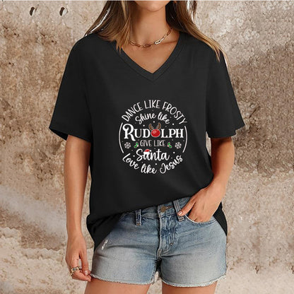 Women's Top V-neck Short Sleeve Pure Color Ladies' Christmas V-neck T-shirt