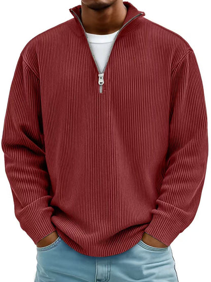 Corduroy Zipper Stand Collar Sweatshirt Fashion Warm Solid Color Long Sleeve Top Men's Casual Polo Shirt Clothing