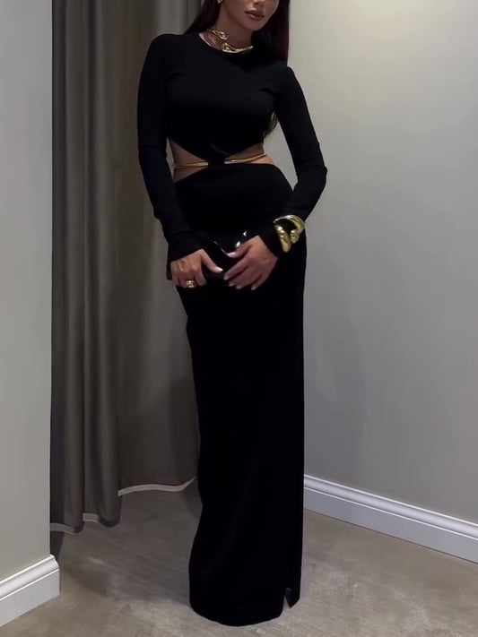 Black Cutout Waist Long-Sleeve Maxi Dress