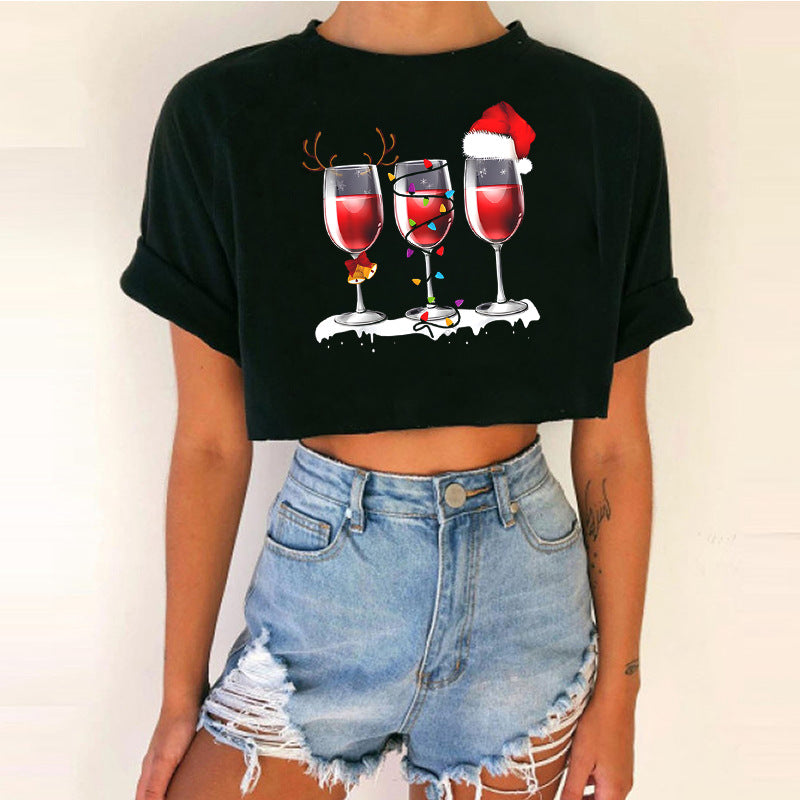 Women's Short Top Christmas Crop Top INS Style Spicy Girl Basic Short Sleeve Round Neck T-Shirt