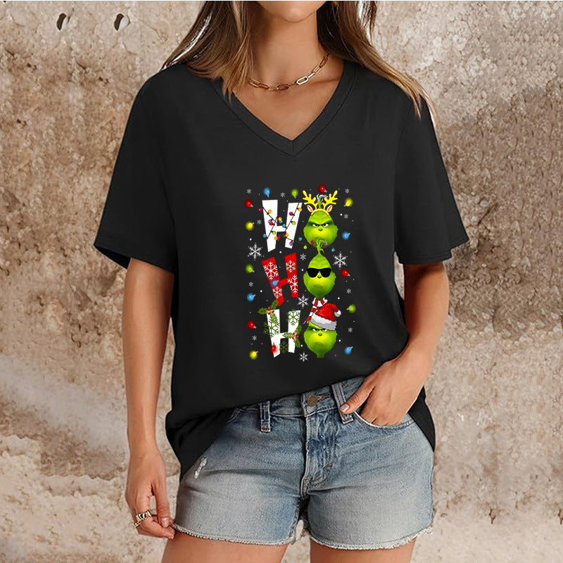 Women's Top V-neck Short Sleeve Pure Color Ladies' Christmas V-neck T-shirt