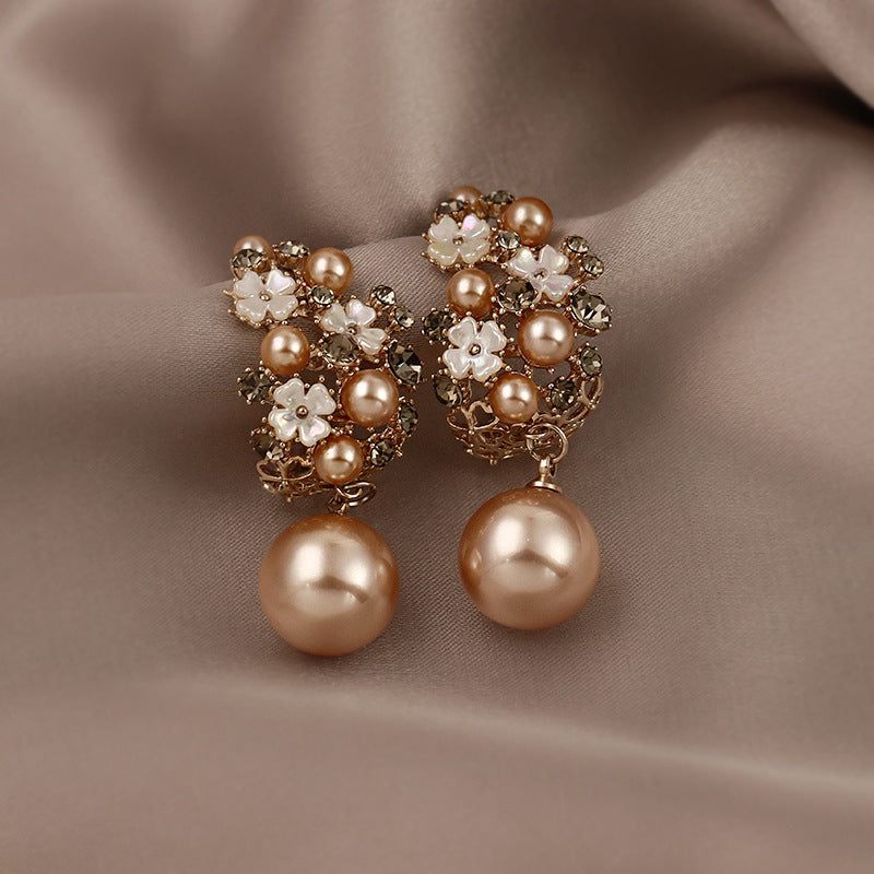 Rhinestones Flowers Pearls Earrings Fashion Elegant French-style Stud Earring For Women