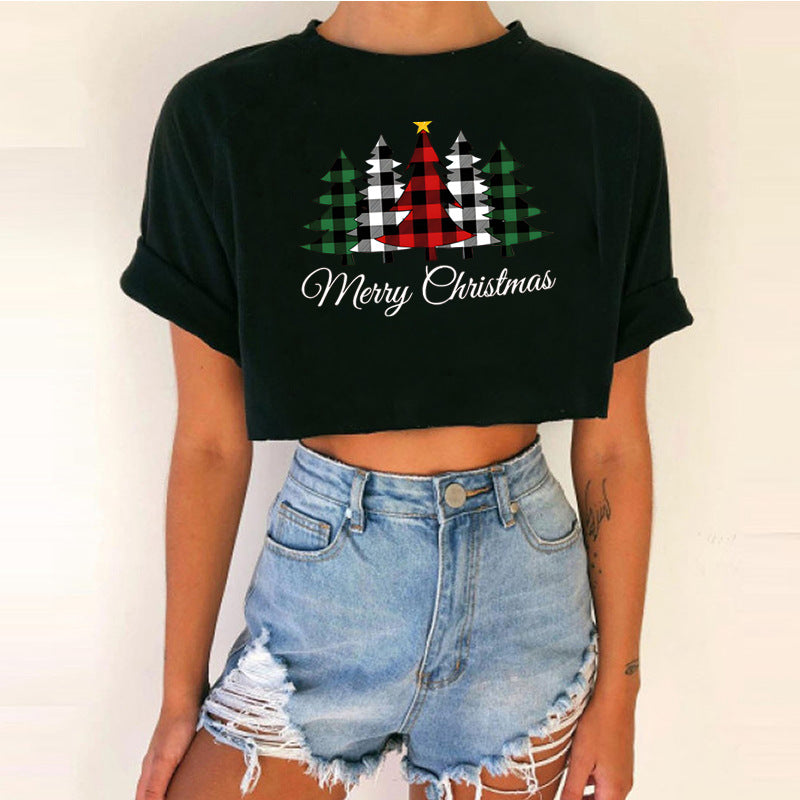 Women's Short Top Christmas Crop Top INS Style Spicy Girl Basic Short Sleeve Round Neck T-Shirt