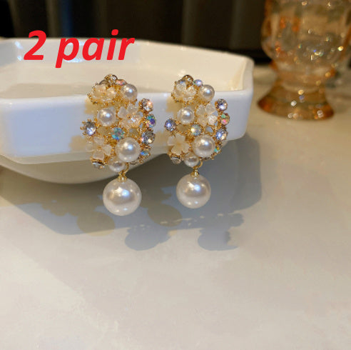 Rhinestones Flowers Pearls Earrings Fashion Elegant French-style Stud Earring For Women