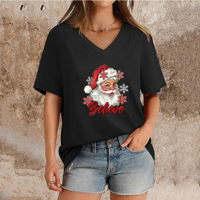 Women's Top V-neck Short Sleeve Pure Color Ladies' Christmas V-neck T-shirt