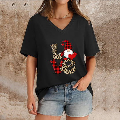 Women's Top V-neck Short Sleeve Pure Color Ladies' Christmas V-neck T-shirt