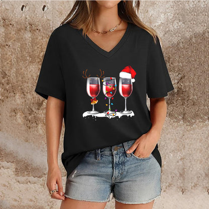 Women's Top V-neck Short Sleeve Pure Color Ladies' Christmas V-neck T-shirt