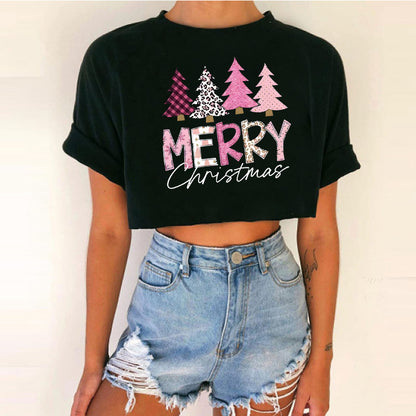 Women's Short Top Christmas Crop Top INS Style Spicy Girl Basic Short Sleeve Round Neck T-Shirt