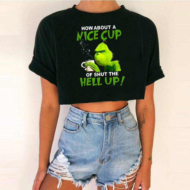 Women's Short Top Christmas Crop Top INS Style Spicy Girl Basic Short Sleeve Round Neck T-Shirt