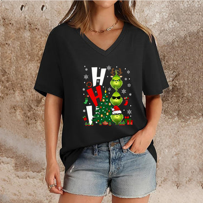 Women's Top V-neck Short Sleeve Pure Color Ladies' Christmas V-neck T-shirt