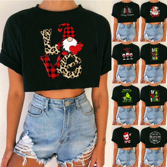 Women's Short Top Christmas Crop Top INS Style Spicy Girl Basic Short Sleeve Round Neck T-Shirt