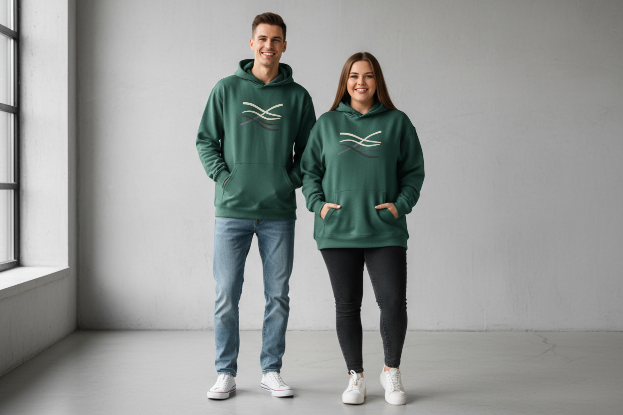 a man and a woman wearing the same unisex hoodie