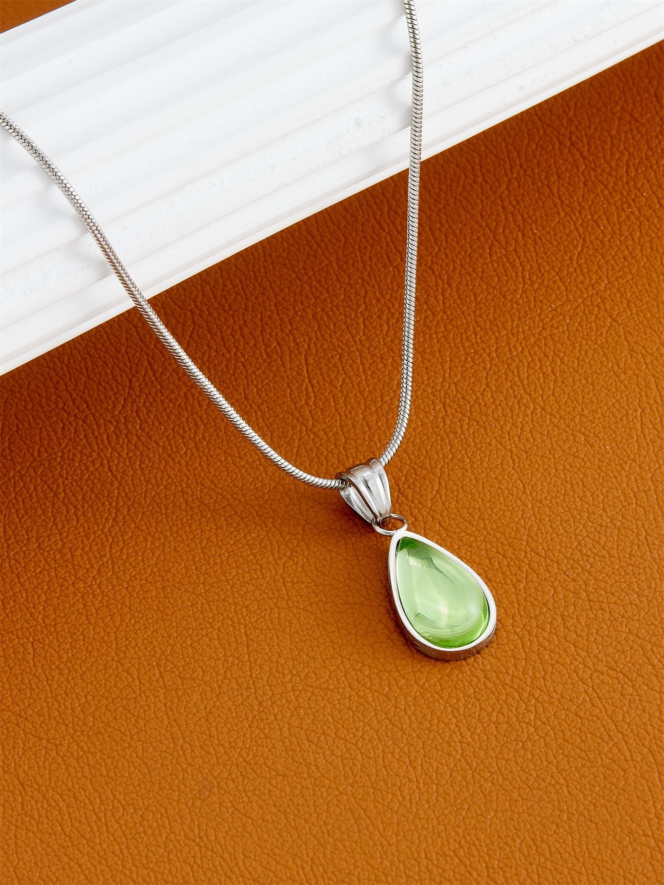 French Retro Olive Green Blue Drop Pendant Necklace